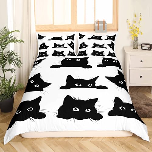 Loussiesd Black Cat Bedding Set for Kids Boys Girls Pet Cats Pattern Duvet Cover Cute Kitten Print Comforter Cover 3D Animal Theme Quilt Cover Bedroom Decor 3Pcs Bedcloths Double Size White - Image 3