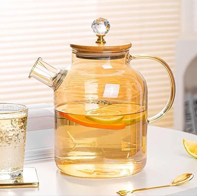 Image of PrimeWorld Premium Glass Teapot 1800ml with Wooden Lid | Large Heat-Resistant Borosilicate Tea & Coffee Server Pot | Clear Stylish Kettle for Green Tea, Herbal Tea, Hot Water & Infused Drinks