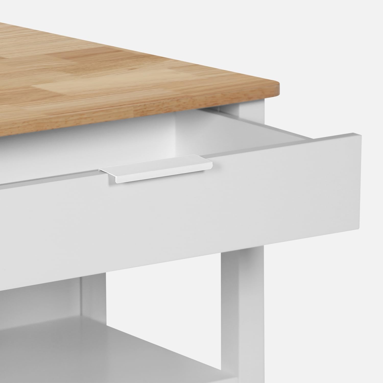 sweeek - Îlot Central de Cuisine MOLENE. Plateau en Bois d'hévéa. 120x75cm. Blanc. 5 étagères. 1 Porte. 1 tiroir. L 120 x P 75 x H 90cm