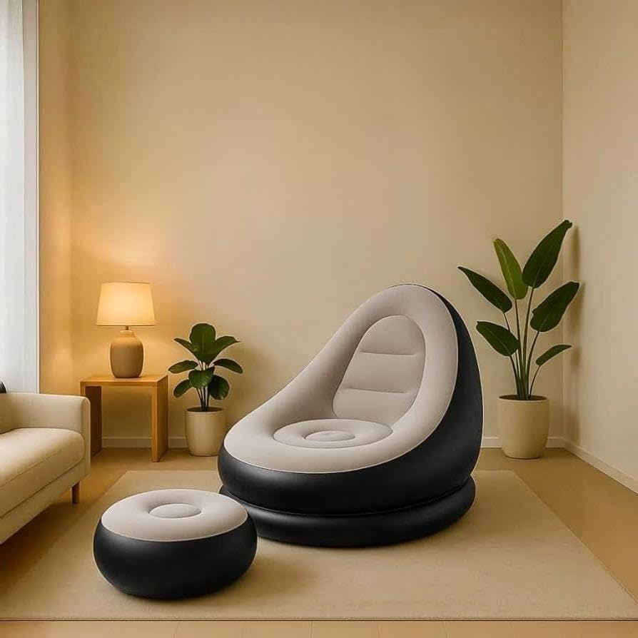 Inflatable Air Chair with Foot Rest Portable PVC Blow Up Sofa | Indoor & Outdoor Use, Camping Compatible, Quick Inflate, Black & Grey, Lounge Couch-image-25