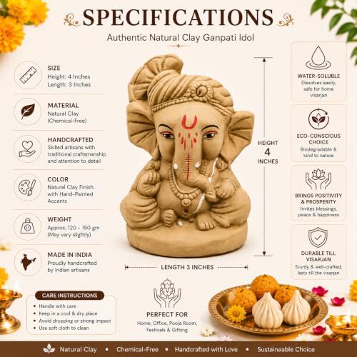 Image of Clay Ganesh Idol, 4 Inches Height, Water Soluble Ganpati Murti for Ganpati Visarjan (Small) (Natural Brown - Bal Ganesha)