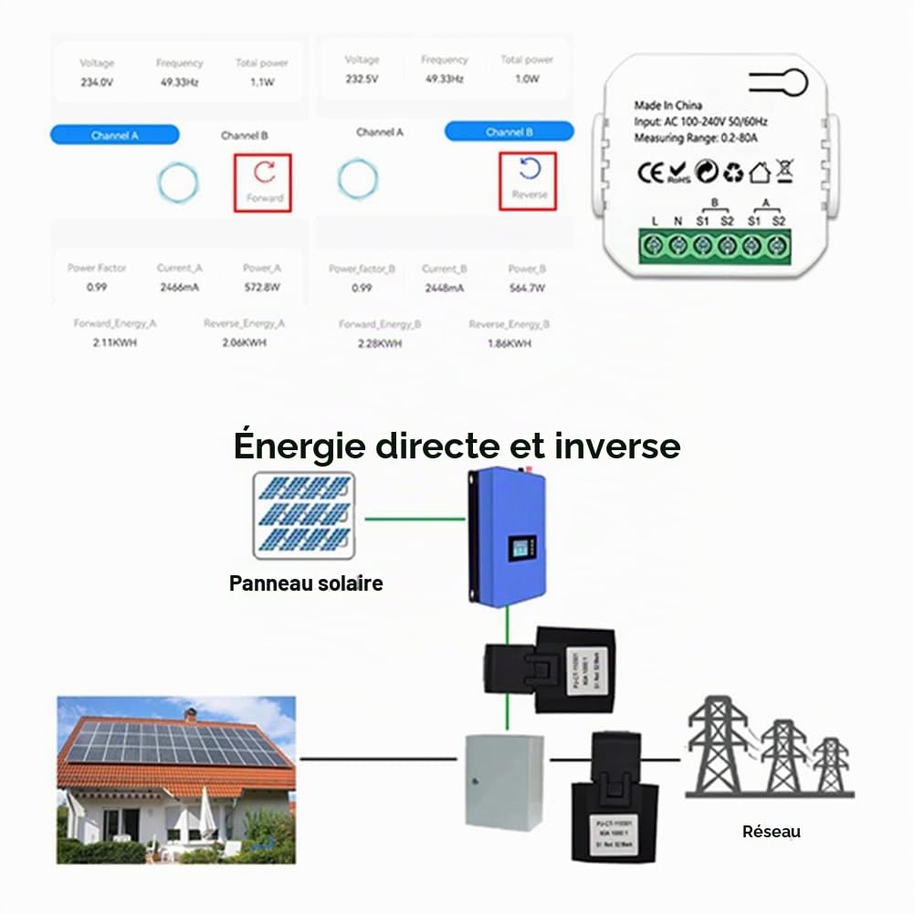 Compteur D'énergie ZigBee 2 Canaux Bidirectionnel avec Capteur de Courant Tuya Smart Moniteur Puissance 80A 110 V/240 V Passerelle Requis