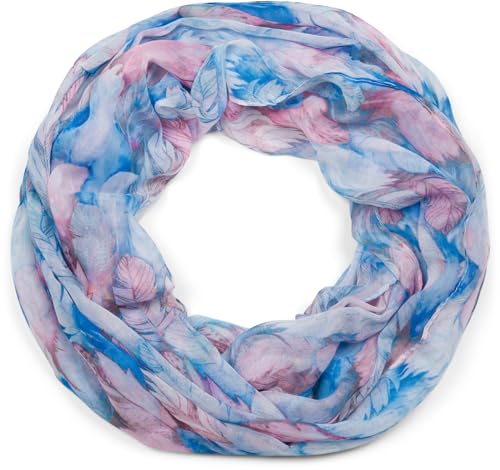 styleBREAKER Damen Loop Schal mit buntem Feder Muster, leichter sommerlicher Boho Schlauchschal mehrfarbig 01016239, Farbe:Blau-Rose
