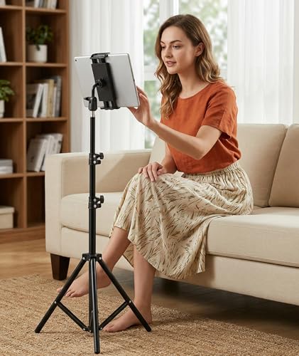 Image of Tab Stand Holder, Tablet Stand Floor Height Adjustable Tripod for Video Conferencing and Content Creation, Portable Tablet Holder with 55-120 cm Extendable Design