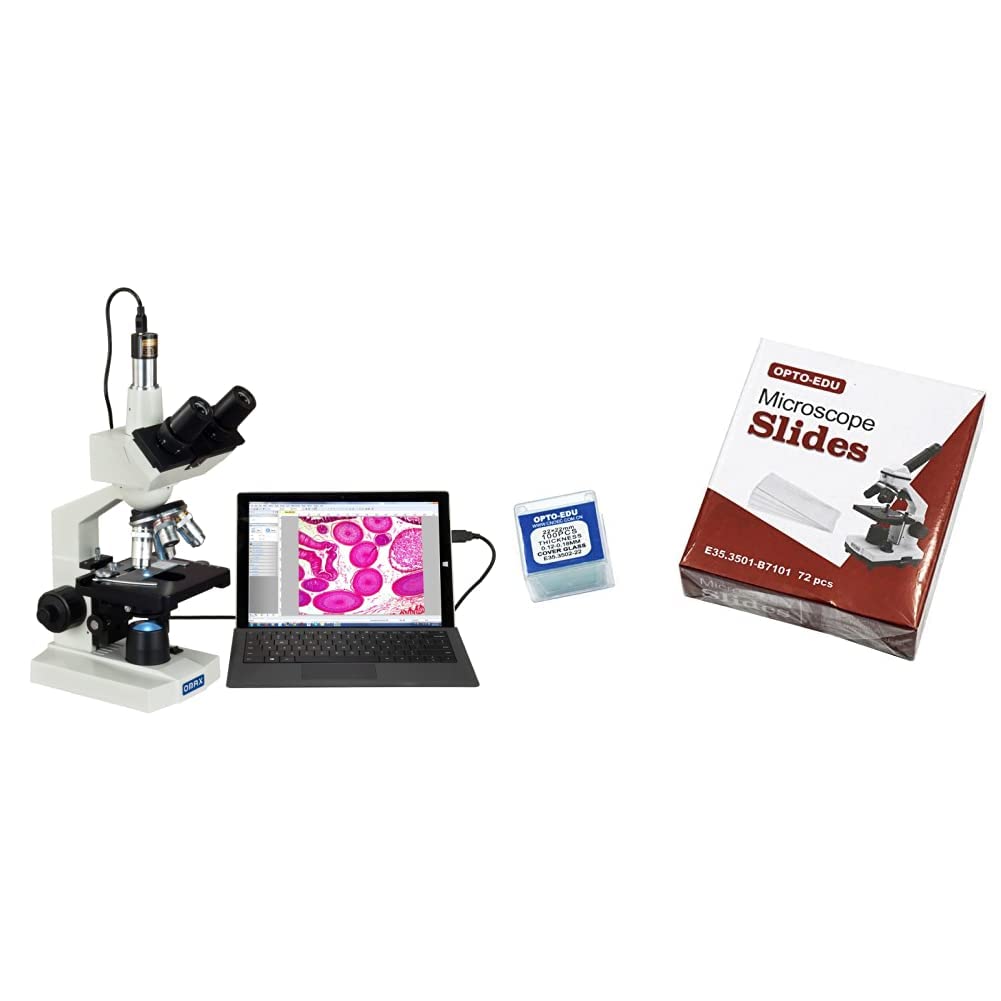 OMAX 40X-2500X Digital Lab Trinocular Compound LED Microscope (M83EZ-C02) & OPTO-EDU E35.3501 Blank Microscope Slides & 100-Pieces Square Cover Glass, Glass