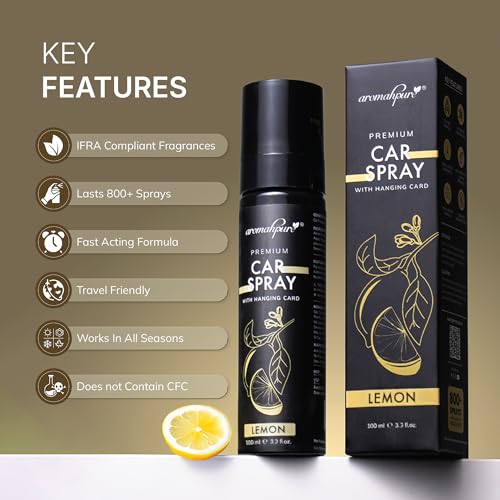 Image of Aromahpure Lemon Car Perfume Spray with Hanging Card | 100ml | Long Lasting 800+ Sprays Car Fresheners | IFRA-Compliant Fragrance and Travel Friendly Car Air Freshener| CFC Free &Fast Acting Formula