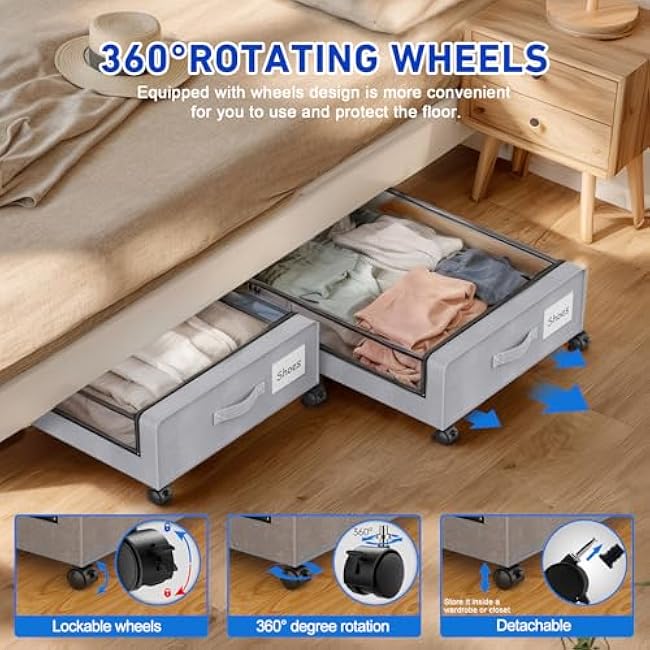 Beborxue Under Bed Storage with Wheels, 4-Pack Under Bed Storage Containers with Clear Lids, XXL 60L Under the bed storage Organizer Bins, Rolling Under Bed Metal Drawer for Clothes,Shoes,Toys (Gray)