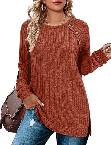 Bofell Long Sleeve Shirts for Women Lightweight Button Decor Tunic Tops Side Split