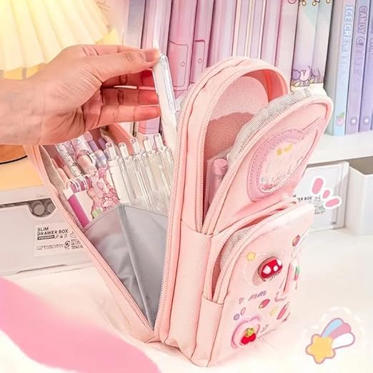 Image of Invite Enterprise Three Layer School Bag-Shaped Pencil Pouch, Large-Capacity Pencil Pouch with Zipper, Multipurpose Pen & Pencil Case for School Supplies for Boys & Girls (Purple - Girl Pouch)
