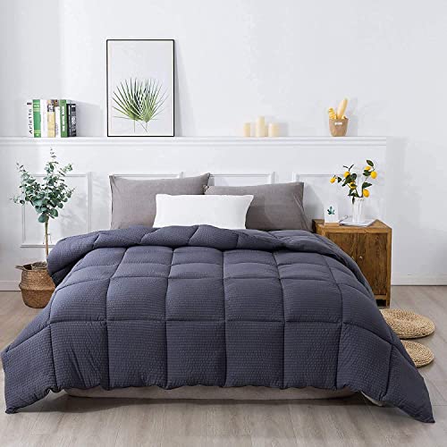 KASENTEX Seersucker All Season Quilted Down Alternative Comforter, Reversible, Fluffy Ultra Soft Plush Luxury Brushed Microfiber Bedding Duvet Insert, Dark Grey, Queen Size