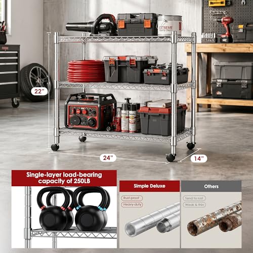 Image of Heavy Duty 3-Shelf Shelving Unit, 24.02 inch W x 13.78 inch D x 21.97 inch H Chrome Steel Storage Rack with Wheels, 2 PP Shelf Liners and Hooks, Adjustable Under Desk Organizer for Kitchen, Office, Garage