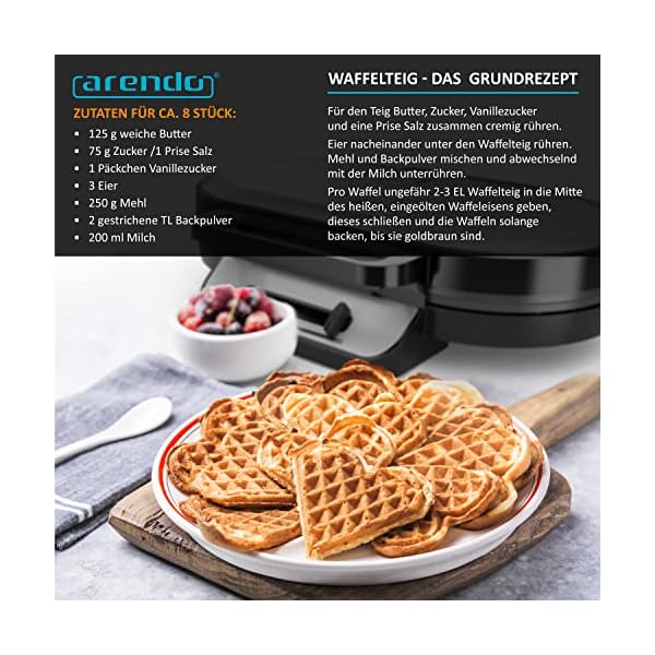 Arendo - Waffeleisen 1200 Watt – Waffelautomat doppelt – 2 Waffeln à 14 cm - Antihaftbeschichtung – Herzform - Thermostat – Backzeit nur 1 Minute – Überhitzungsschutz - BPA und PFOA frei – Bild 7