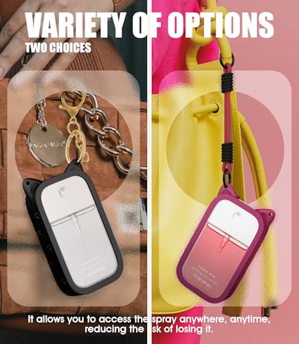 2 Pack Silicone Case Compatible with Touchland Hand Sanitizer Spray (Fit for 1 FL OZ/30 mL Ver), Portable keychain, long lanyard (Black, Rose Pink)3