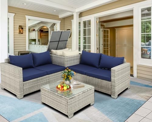 Furnimy Outdoor PE Wicker Patio Furniture Set Rattan Sectional Loveseat Couch Set Conversation Sofa with Storage Box Glass Top Table for Balcony Lawn and Garden (Gray-Navy Blue, Couch Set)