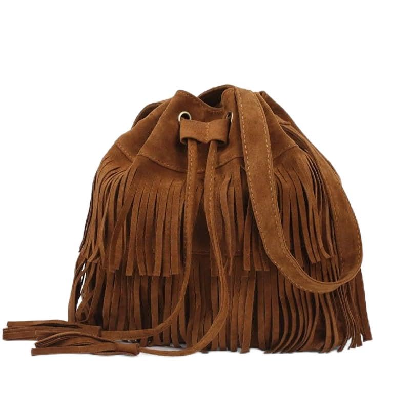 Bolsa feminina tipo carteiro com franjas Hobo, bolsa de ombro com borla, bolsa tiracolo, Marrom (formato de barril), One Size