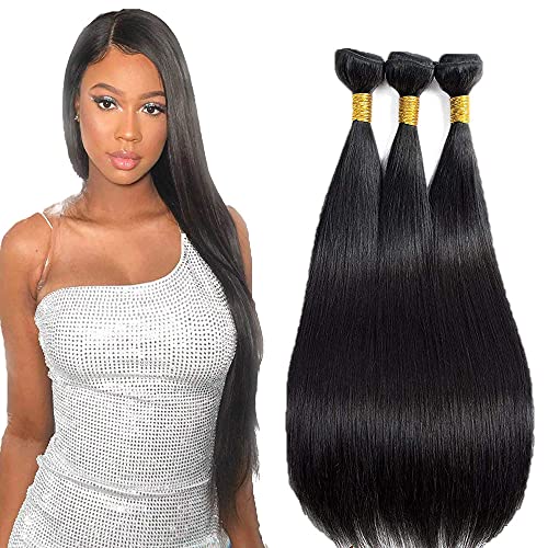 NiegMeag 26 28 30 Inch Human Hair Bundles Straight Hair 3 Bundles 100% Unprocessed Peruvian Hair Straight Human Hair Wea