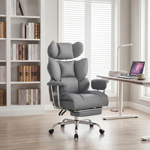Image of Big and Tall Office Chair 400 LBS, Scratch-Resistant PU Leather Executive Ergonomic Desk Chair with Footrest, Lumbar Support, Wide Reclining Computer Seat for Home Office, Grey
