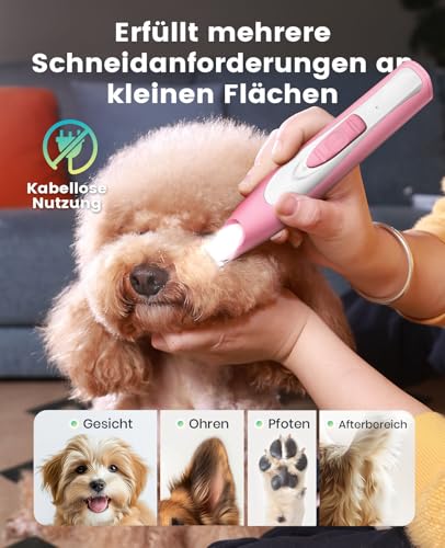 oneisall Pfotentrimmer für Hunde mit LED-Licht, Leiser Hundepfoten Trimmer Paw Trim Pro dr Pfoten, Wiederaufladbar Schermaschine Hund Hundeschermaschine für Pfoten, Augen, Ohren, Gesicht (Rosa)