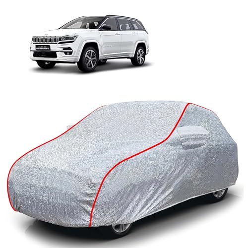Image of Sulfar 100% Waterproof Car Body Cover Compatible with Mirror for Jeep Meridian (Triple Stitched, Full Bottom Elastic, Magic Silver with Red Piping)