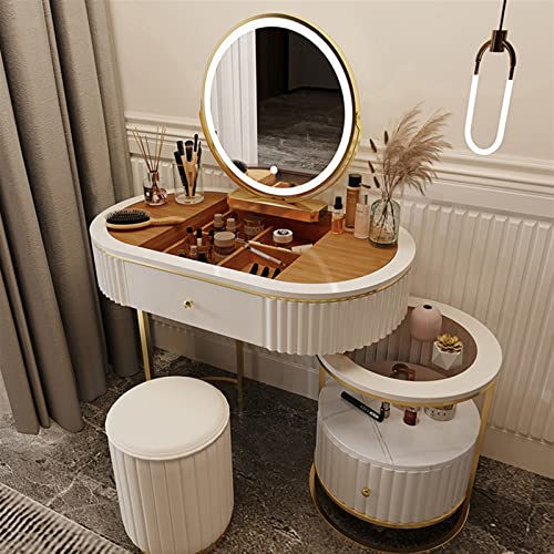 Moderno escritorio minimalista de maquillaje con espejo LED, silla de piel sintética, elegante cómoda para dormitorio familiar, muebles de tocador elegantes para rutina de belleza