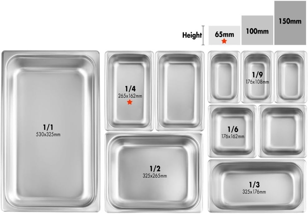 New Star Foodservice 1/4 Size Stainless Steel Steam Table Pan, 10.5 x 6.4 x 2.5 Inches, 18/8 Stainless Steel, 24 Gauge, NSF Certified (Set of 6)