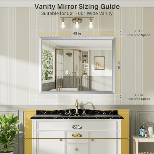 48x36 Inch Silver Bathroom Mirror for Wall, Thick Metal Framed Rectangle Mirrors for Over Sink, Bedroom, Living Room, Entryway, Anti-Rust, HD Tempered Glass