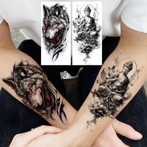 Image of Bilizar 12 Sheets Large Elephant Buddha Temporary Tattoos For Men Women Adults Half Arm Sleeve Tattoo Sticker, Realistic 3D Lion Tiger Skull Pirate Ship Fake Tattoos Forearm Long Lasting Temp Tatoos