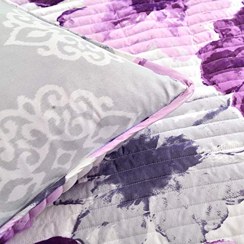 Image of Lush Decor Leah Reversible Floral Quilt Set, 3 Piece Set, King, Gray & Purple - Watercolor Botanical - Cottage Core - French Country Decor- Bedding Queen Size