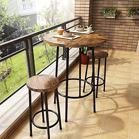 HOOSENG 3 Piece Pub Dining Set, Industrial Counter Height Dining Sets with 2 Stools, Round Bar Table and Chairs Set, Small Kitchen Bistro Table for Breakfast Nook Living Room Small Space, Rustic Brown Cover