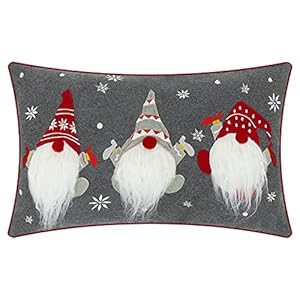 JWH Gnome Pillow Cover Decorative Christmas Throw Pillow Winter Holiday Decorations Grey Pillowcase Embroidery Cushion for Farmhouse Home Decor Festival Shams 12×20 Inches Colorful Red
