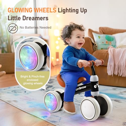 Image of Colorful Lighting Baby Balance Bike Toys for 1 Year Old Boys Gifts, Balance Bike 1 Year Old No Pedal, 12-24 Months Toddler Ride on Toys with 4 Silent Wheels & Soft Seat, 1st Birthday Gifts, Black