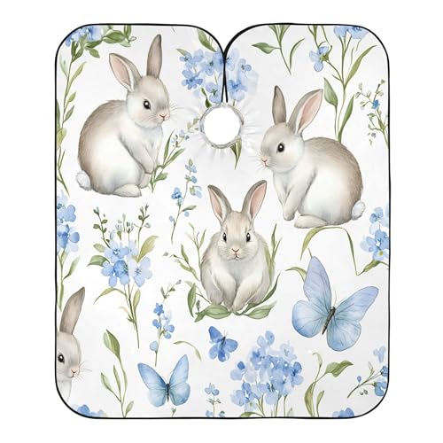 Takiito Watercolor Bunnies Blue Flowers Barber Cape for Men, Waterproof Haircut Cape Hairdressing Cape Beard Apron Cape for Salon Home Use, 55x65 in