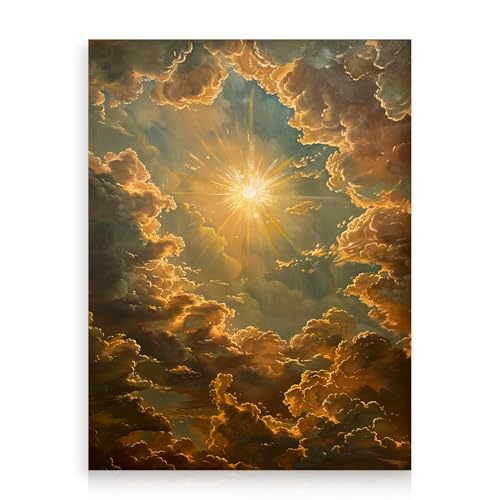 Dazzlewall Arte de Pared Vintage de Cielo y Sol Dorado, Obra de Arte de Paisaje de Nubes y Destello Solar Onírico para Decoración de Sala de Estar o Dormitorio, 12x16 Pulgadas Sin Enmarcar