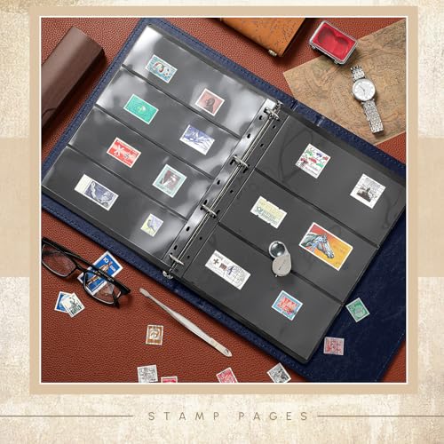 Image of Stamp Collecting Album Binder Kit for Collectors, 1 /2 /3 /4 Rows Banknotes Storage Book with 20 Stamp Pages, 4 Ring Binder, Tweezers and Magnifier, for Paper Money Bill Postage, Beginner Hobbyists Gift