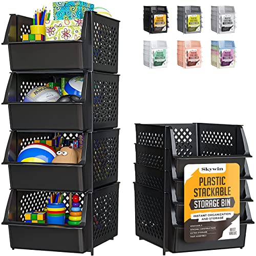 Skywin TidyFriend Stackable Storage Bins for Pantry Organizers and Storage 4 Pack, Pantry Storage for Food, Kitchen and Home Organization (Black