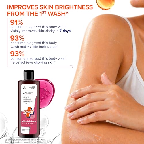 Image of Savlon Melanin Science Face & Body Wash 250ml | With 1% Salicylic Acid + 1% Lactic Acid + 0.5% Niacinamide | Fights Hyperpigmentation | Helps Renew Dull Skin in 7 Days | Dermatologically Tested