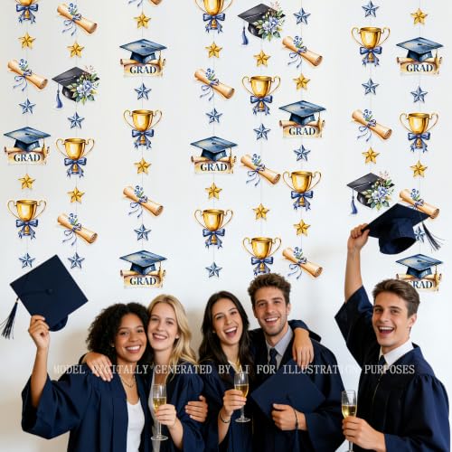 Image of Blue Gold Graduation Party Hanging Streamer Floral Navy Gold Star Grad Cap Garland Banner for Congrats Grad You Did It Class of 2026 We are So Proud of You Themed Graduation Party Decorations Supplies