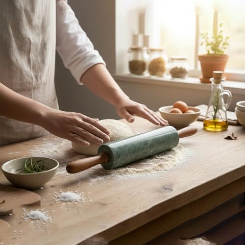 Image of Marble Belan Rolling Pin with Wooden Handles, Kitchen Baking Cooking Tool, Durable Design, Non-Porous Surface Ideal for Chapati, Roti, Pizza and Dough Roller(Green, 14 Inch)