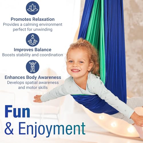 Flexifun Sensory Swing for Kids Navy/Green | Indoor Swing for Kids Made with Soft & Durable Polyester | Includes Carabiner & Screws for Easy Installation | Suitable for Sensory Activities - Image 5
