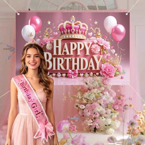 Image of Pink Happy Birthday Banner Backdrop for Wonen Girl | 71x43.3inch Pink Crown Theme Banner; Polyester Fabric; Reusable; Ideal Photo Decor for Girls & Women Birthday Parties