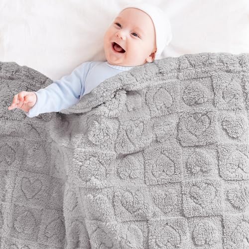 Image of Yurhap Heart Baby Blanket, Love Plush Fleece Baby Blankets for Boys Girls | Soft Baby Boy Blankets for Infant Toddler Newborn Gifts, Fluffy Baby Essentials, For Crib Stroller, 30 inchx40 inch, Silver Grey