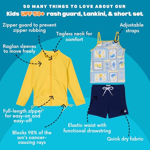 Image of SwimZip Girls' 3 Pc Swim Set w /Long Sleeve Rash Guard, Tankini & Shorts UPF 50+