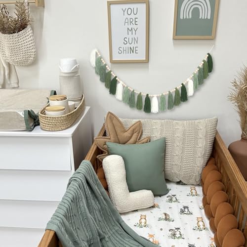 Tasruwat Green Boho Yarn Tassel Garland Sage Green Garland Wall Hanging Decor Forest Woodland Tassel Banner with Beads for Nursery Classroom Office Birthday Party Kids Room Baby Shower Decoration by Tasruwat - Used condition - Image 4