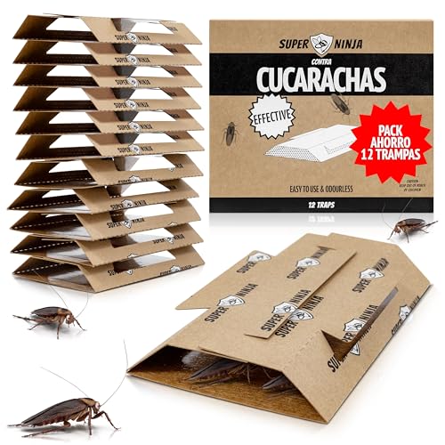 Super Ninja Trampas para Cucarachas – Pack de 12 Unidades, Trampa Adhesiva con atrayente Natural, Mata cucarachas sin tóxicos, Ideal para casa, Cocina, Garaje y despensa, duración hasta 3 Meses