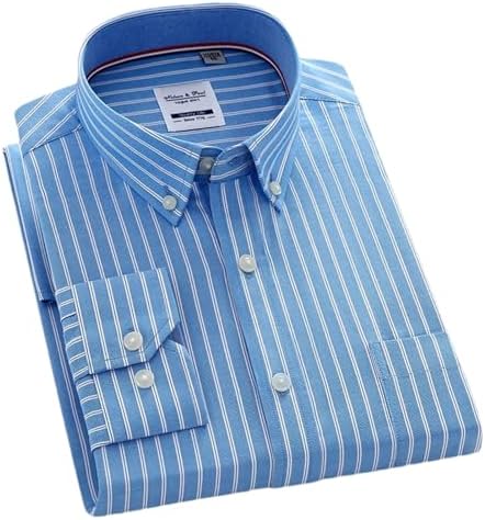 Men’s Shirt Striped Casual Long Sleeve Cotton Business Man Button Up Shirt Plaid Solid with Front Pocket Leisure