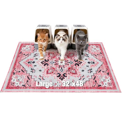 Image of EXPAWLORER Cat Litter Mat, 32 inchx48 inch XL Non-Slip Urine Waterproof Litter Trapping Mat Easy to Clean Washable Litter Box Mat for Floor Soft on Kitty Paws, Indoor Food Mats Rug Pads for Bathroom Pink