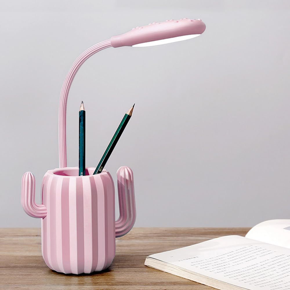 SEIWEI LED Rechargeable Desk Lamp - Cute Cactus Table Light with Pen Holder for Kids, Touch Control Gooseneck Desk Reading Lamps (White Light) Pink