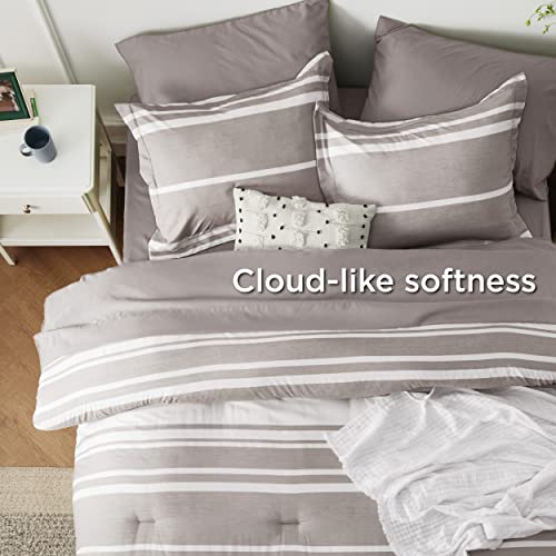 Image of Bedsure California King Comforter Set 7 Pieces, Taupe Striped Bedding Set for All Seasons, Reversible, Cationic Dyeing Bed in a Bag with Comforter, Sheets, Pillowcases & Shams