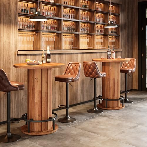 Image of Tribesigns Round Dining Table Set of 4, Bar Height Commercial Kitchen Table with Wood Strip Base and Footrest, for Dining Room, Restaurant, Cafe, Bakery, School, Apartment, Walnut Brown (Only Table)