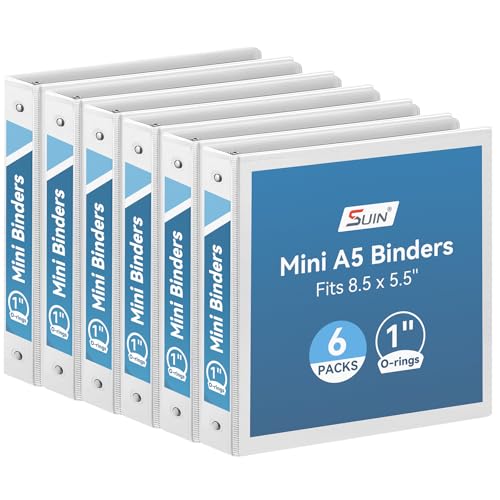 SUIN Mini 3 Ring Binder A5 Size 5.5x8.5 1 Round Ring 200 Sheet Capacity Bulk 6 Pack White Binders for School Office